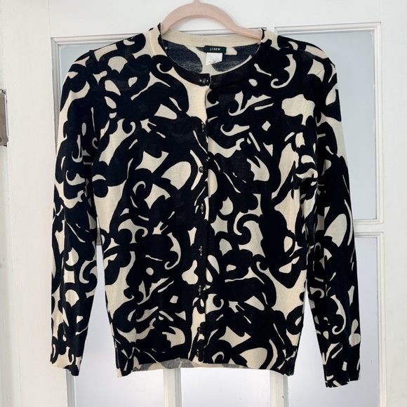 J. Crew 100% Merino Wool Black & Off White Abstract Button Down Cardigan size M - Picture 1 of 7